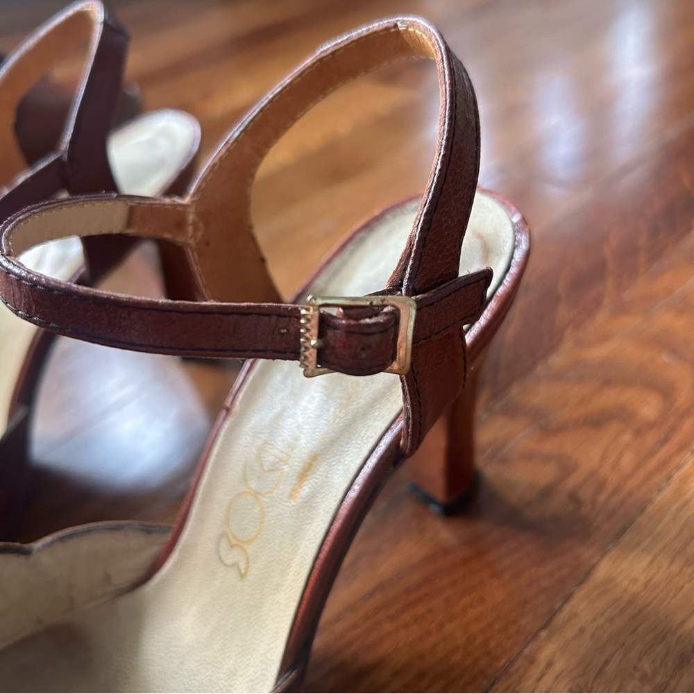 Socialites Vintage 60s 70s Leather Peep Toe Ankle Strap Heels 6.5 Spain - Picture 4 of 7
